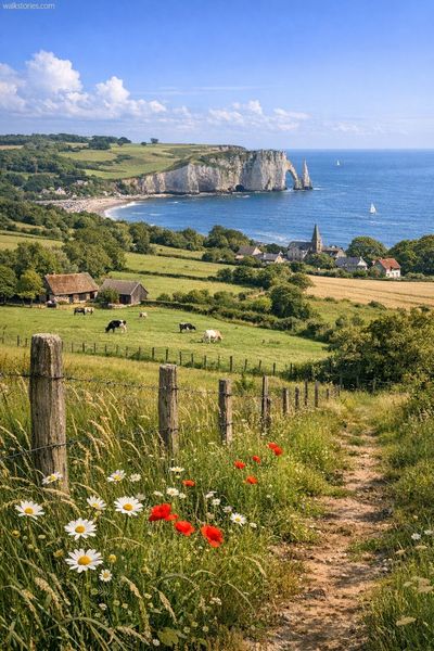 Campagne normande, près du littoral et vue sur la falaise d'Aval