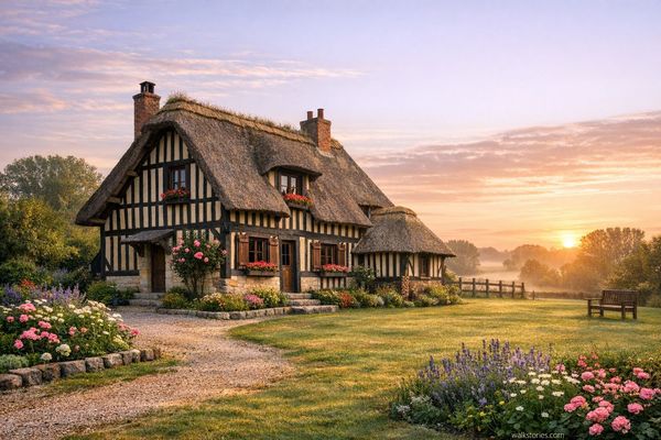 Vue plus en profondeur de cette maison en toit de chaume baignée de lumière dorée, avec un jardin généreux et fleuri qui s'étend jusqu'à la campagne brumeuse