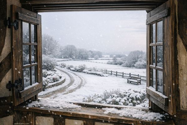 Vue hivernale depuis la fenêtre du premier étage d'une maison. Le jardin et le bocage normand sont couverts de neige, avec une atmosphère paisible et un chemin enneigé serpentant à travers le paysage