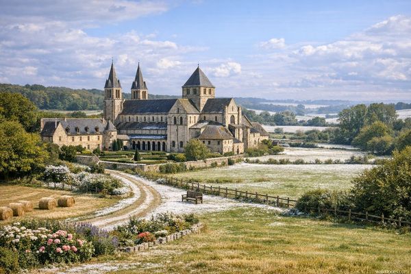 Abbaye médiévale normande en plan élargi, avec ses tours, cloître et bâtiments en pierre entourés de champs dorés, pâturages verdoyants et haies bocagères