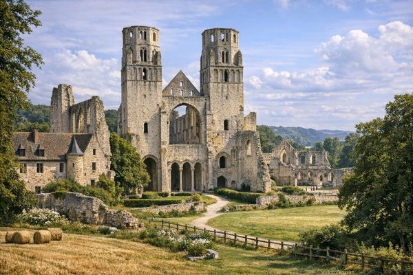 Abbaye dans le style de l'abbaye de Jumièges, avec ses hautes tours en ruines entourées de verdure