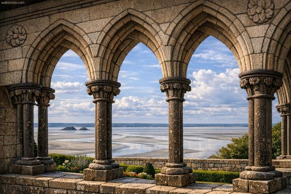 Baie du Mont Saint-Michel vue depuis un cloître inspiré de celui de l'abbaye du Mont Saint-Michel. Les arcades gothiques encadrent un paysage paisible de vasières et de bancs de sable, avec deux petits îlots rocheux au loin et un ciel lumineux parsemé de nuages