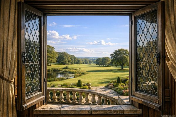 Vue sur un parc depuis l'intérieur d'un manoir, avec le jardin en contrebas, les topiaires, le bassin à gauche, et les collines verdoyantes à l'horizon