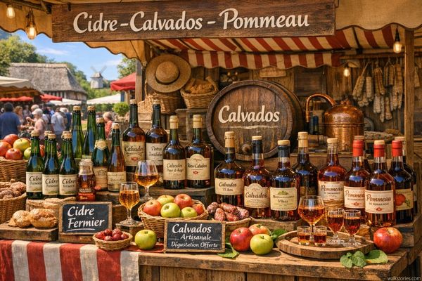 Étal avec des bouteilles de cidre, de calvados et de pommeau