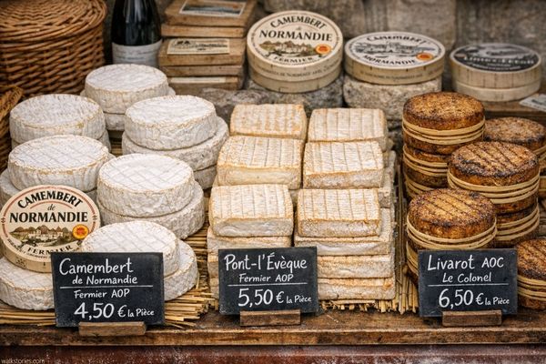 Étal avec des Camemberts à la croûte fleurie, des Pont-l'Évêque reconnaissables à leur forme carré, et des Livarots cerclés de leur traditionnelle laîche