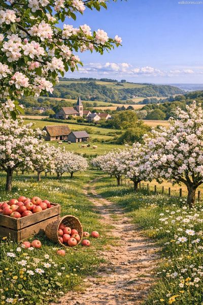 Verger avec des pommiers en fleurs
