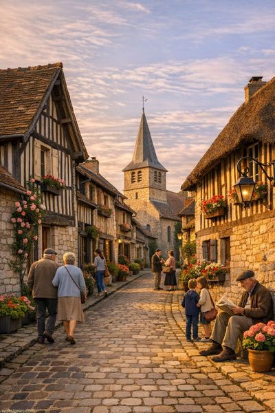 Rue typique d'un village normand baignée d'une lumière douce et chaleureuse