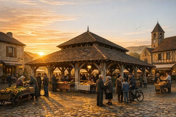 Place centrale d'un village avec une halle et quelques commerçants et habitants regroupés au lever du soleil