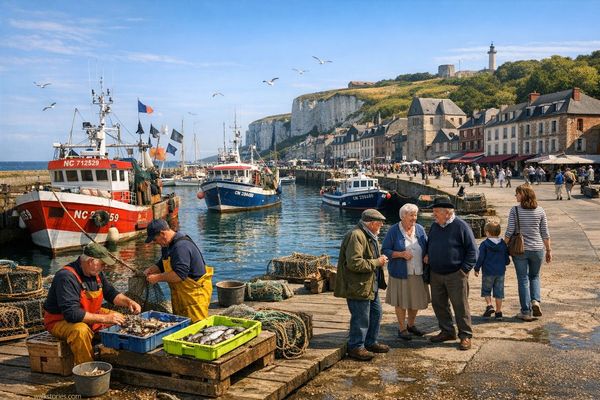 Port de pèche animé. Le littoral est similaire à celui que l'on trouve du côté de Dieppe en Seine-Maritime