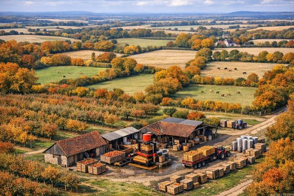 Verger avec un pressoir à pommes et vue sur des patures délimitées par des haies bocagères sous des couleurs automnales