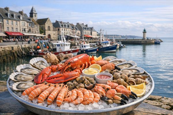 Plateau de fruits de mer exposé dans un port normand