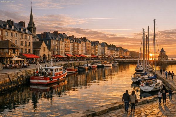 Petit port avec quelques bâteaux de pêche au soleil couchant. On notera une petite ressemblance avec le port de Honfleur