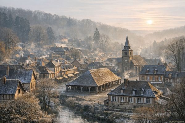 Village normand avec une légère brume et une lumière hivernale de fin d'après-midi. La halle centrale s'inspire de celle de Lyons-la-Forêt