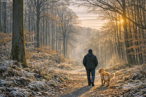 Promeneur en forêt avec son golden retriever, par un froid matin d'hiver