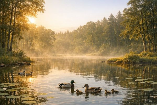 Quelques canards sur un étang, aux premières heures chaudes de l'été