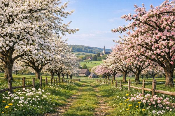 Verger normand en pleine floraison printanière, avec ses pommiers fleuris, ses haies bocagères, une ferme à colombages au loin, et un clocher de village niché dans les collines