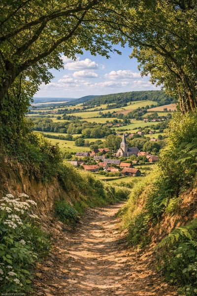 Vue sur un village du Pays de Bray depuis un chemin creux