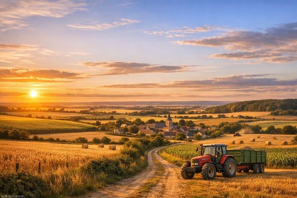 Travaux agricoles dans le Vexin normand au crépuscule