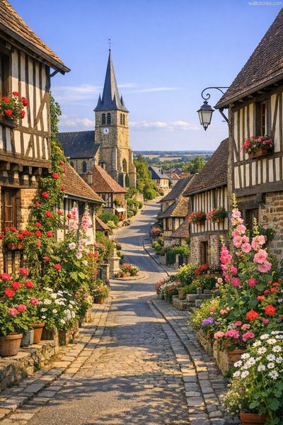 Ruelle de village fleurie avec ses géraniums, ses roses et ses hollyhocks