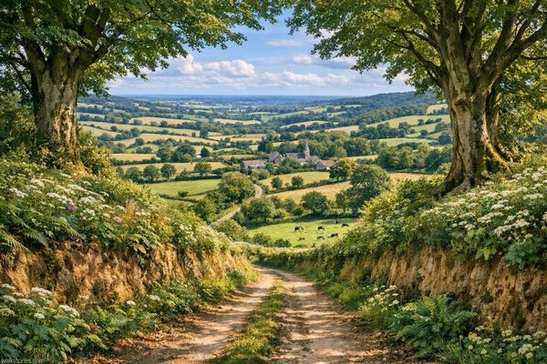 Immersion dans le Bocage Ornais : le chemin creux serpente entre deux talus moussus, couverts de fougères, de bruyères et de racines noueuses. Les hêtres majestueux forment une voûte végétale, tamisant la lumière et guidant le regard vers un village niché dans la vallée