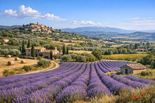 Paysage provençal typique agrémenté d'oliveraies, de champs de lavande et de mas éparpillés