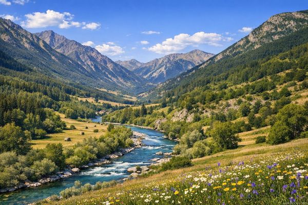 Vallée alpine dans le contexte du Haut-Verdon, où le Verdon turquoise serpente entre les prairies dorées, les forêts de pins et les sommets rocheux au loin