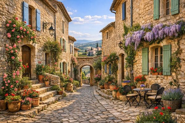 Ruelle provençale baignée de lumière, avec ses pierres dorées, volets pastel et fleurs débordant des pots