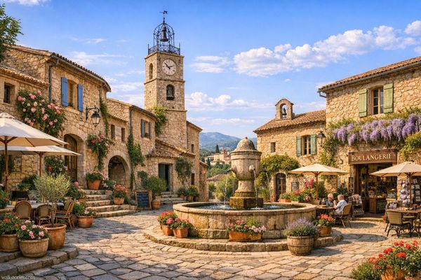 La place du village provençal s'étend sous un ciel limpide, dominée par son clocher de pierre et sa fontaine centrale. Les façades dorées, les terrasses de café et les pots de fleurs créent une atmosphère vivante et authentique