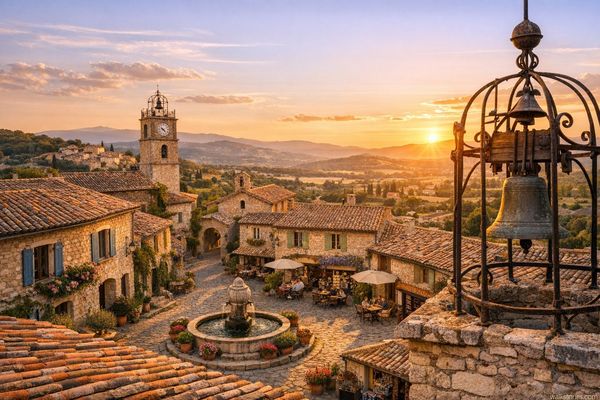 Vue depuis les toits de tuiles rouges sur les collines baignées par la lumière dorée du couchant. Les ombres s'allongent sur la place, le bronze de la cloche capte les derniers reflets, et au loin, le Mont- Ventoux se teinte de rose