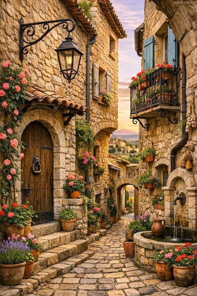 Ruelle provençale étroite  : les pierres anciennes, les ferronneries ouvragées et les volets patinés y prennent toute leur place. Chaque détail — porte cloutée, balcon fleuri, fontaine encastrée — raconte la douceur du Sud