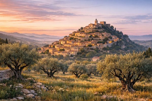 Vue d'un village provençal en colimaçon depuis un champ d'oliviers